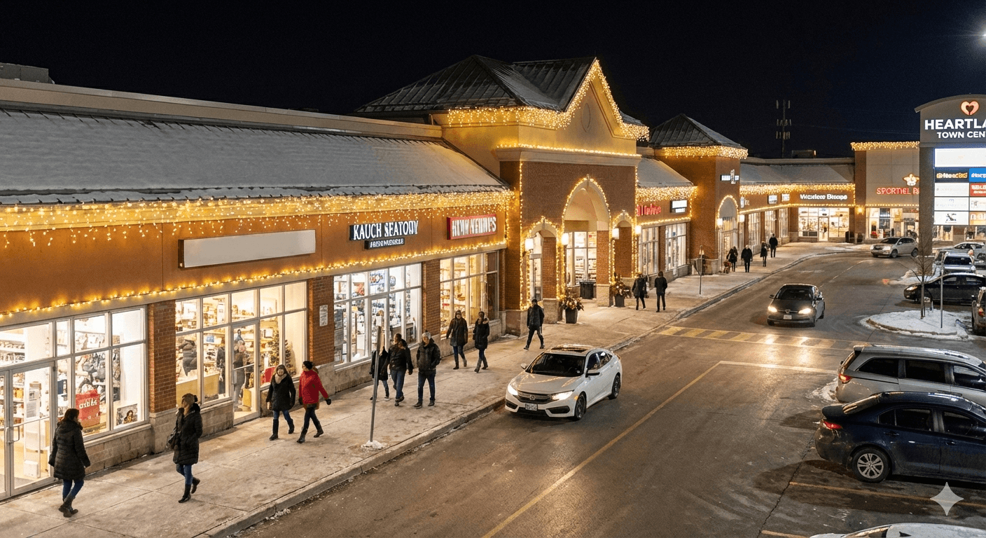 Commercial Christmas lighting on a plaza in Mississauga Ontario attracting holiday shoppers