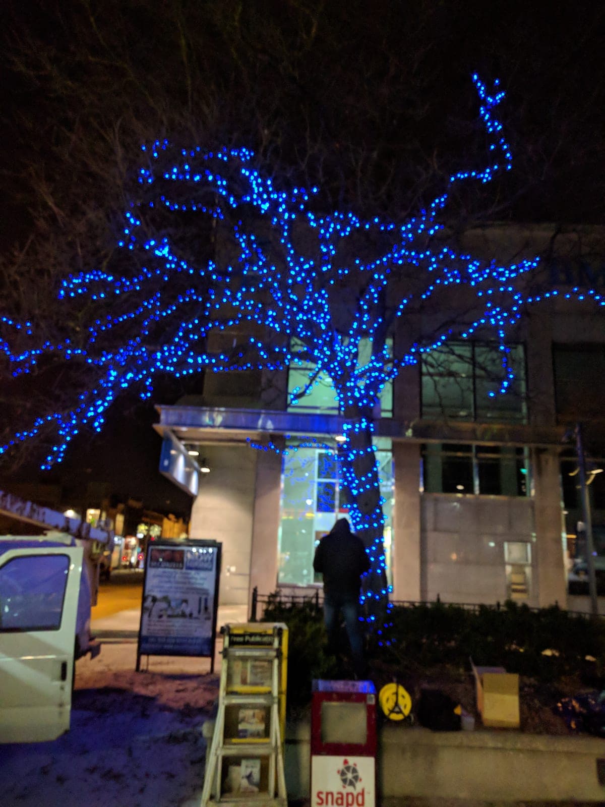 Installer wrapping a downtown boulevard tree with blue LED lights beside a work van on a snowy winter night.