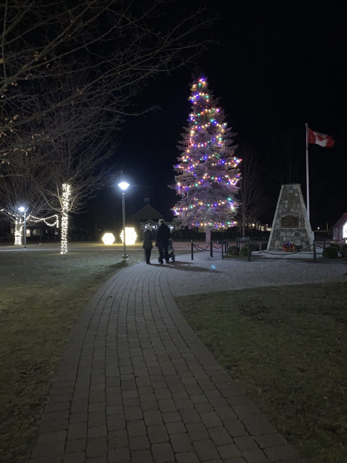 Large multicoloured outdoor Christmas tree lit beside a stone memorial in a town square.