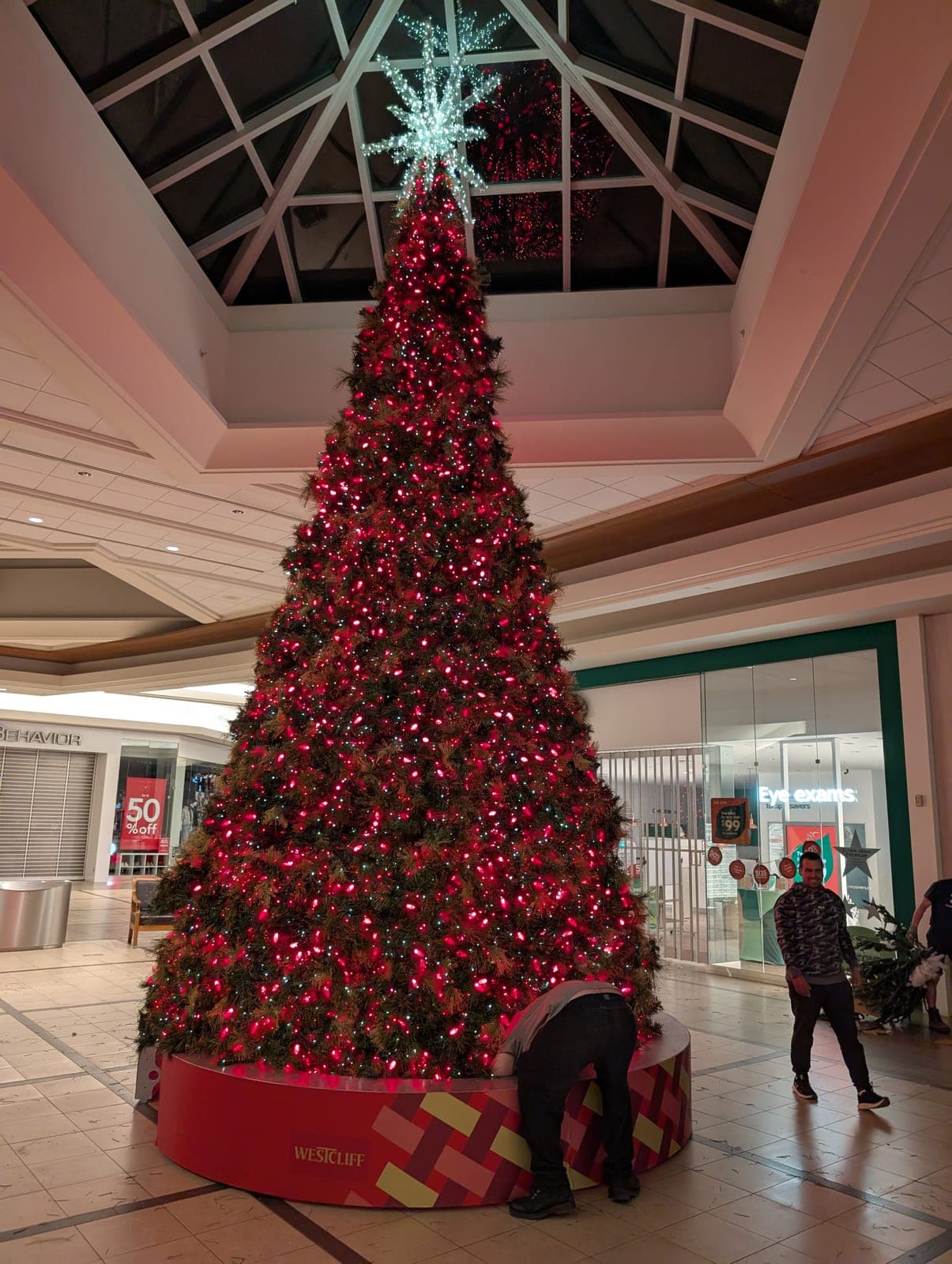 Giant red-lit Christmas tree towering under a mall atrium skylight.